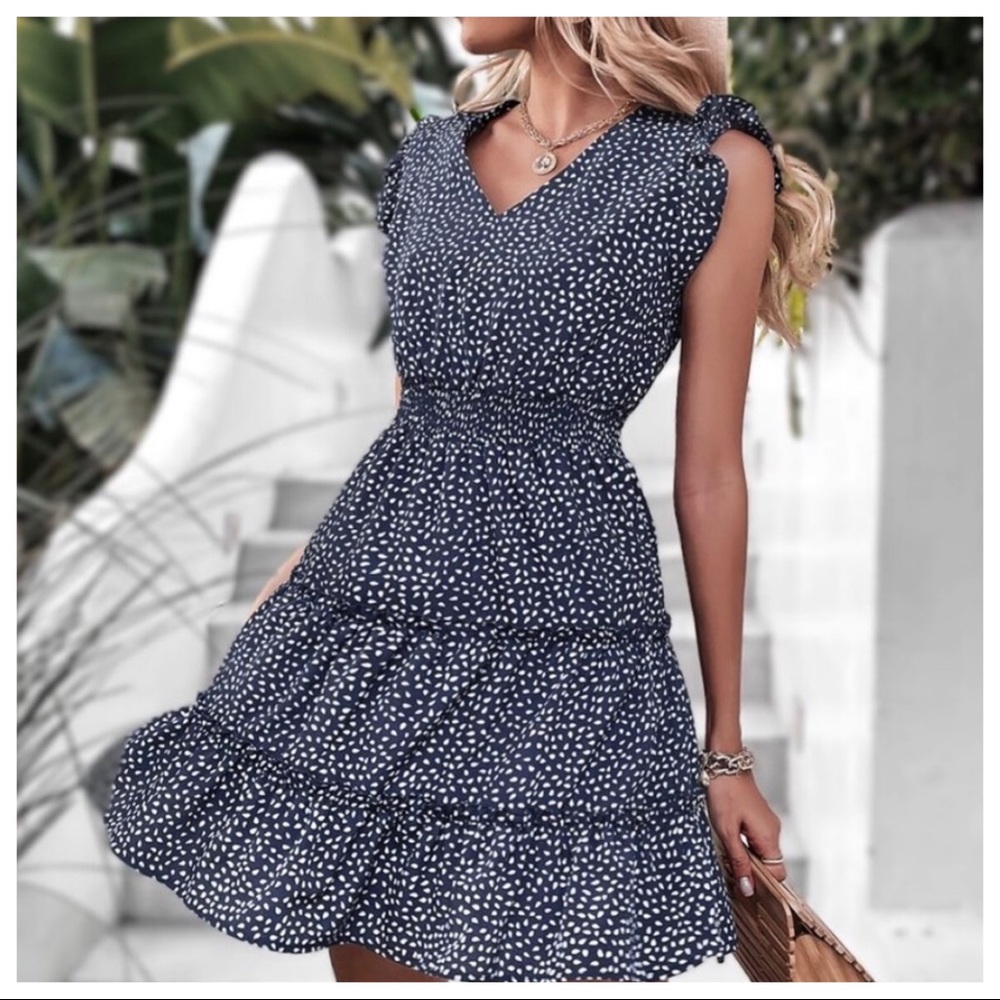 06 Boho Chic Navy Dot Ruffle Dress - Picture 4 of 6